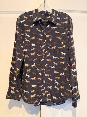 Rails Navy Horse Print Silk Blouse
